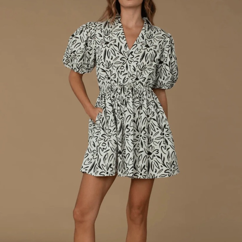 Elizabeth James Daphne Scribble Dress Puff Sleeves Pockets